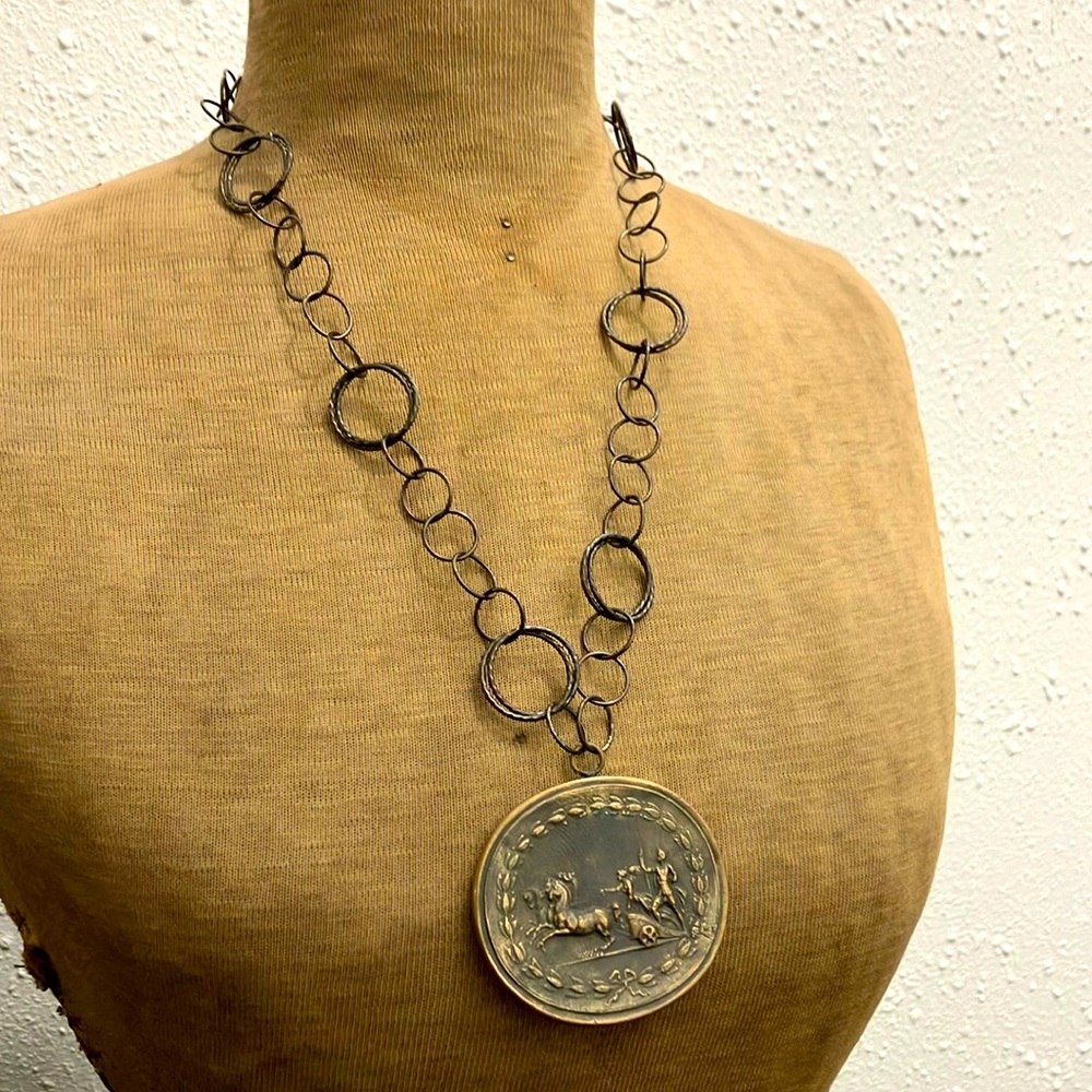 Rare Pyrrha intaglio Roman talisman chain necklace bronze large